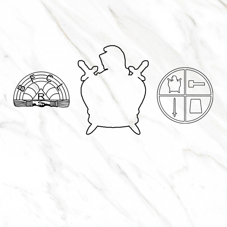 Logos das Ordens Demolay, Arcoíris e Escudeiros sobre fundo de mármore